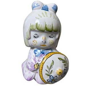 Balaio a Moustiers Girl Coin Bank Hand Painted Pottery‎ Figurine Portugal 4.5"